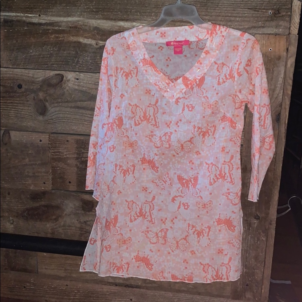 Key West pink/orange v-neck tunic 3/4 slv sz M